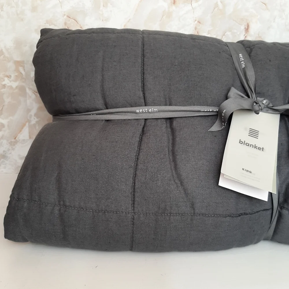 West Elm European Flax Linen Box Stitch Quilt Iron Blue